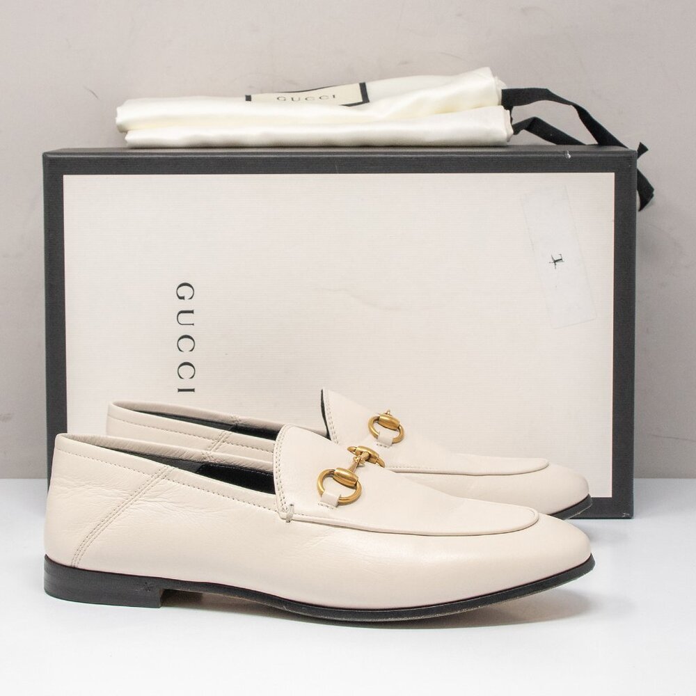 Gucci Brixton Mystic White Leather Horsebit Convertible Loafers, Size 37